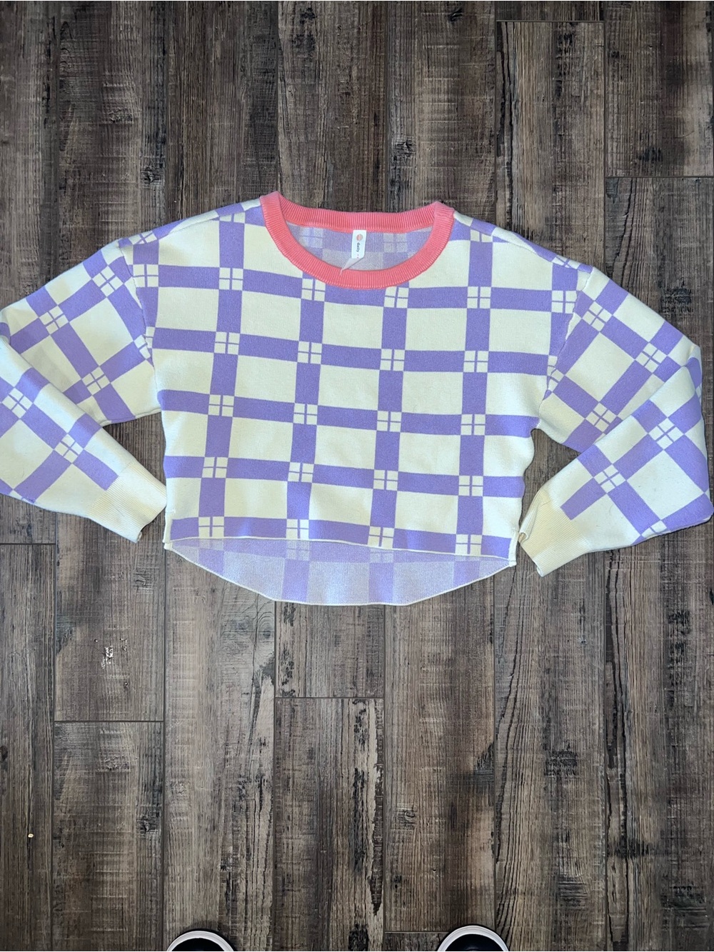 Anthropologie Daily Practice Lavender Plaid Cropped Knit Top with Coral Trim